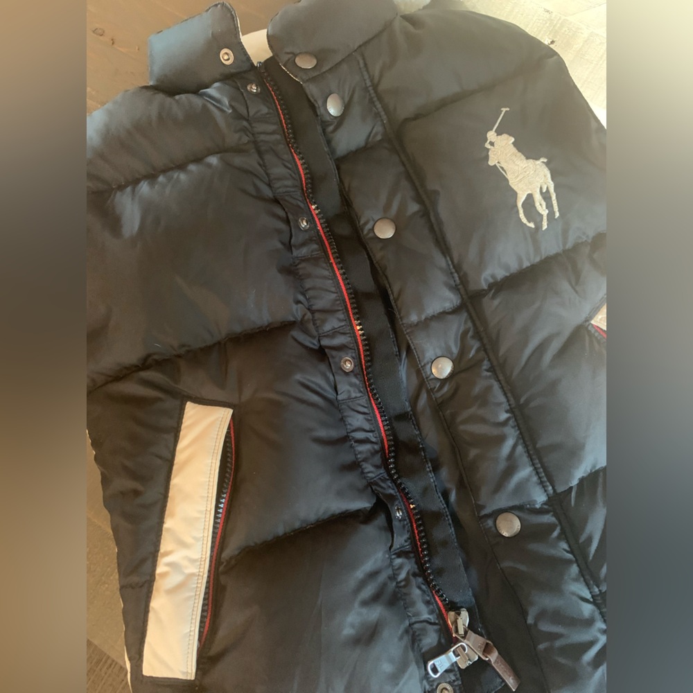 Ralph Lauren Women’s Big Pony Black Puffer Jacket with Cream and Red Accents
